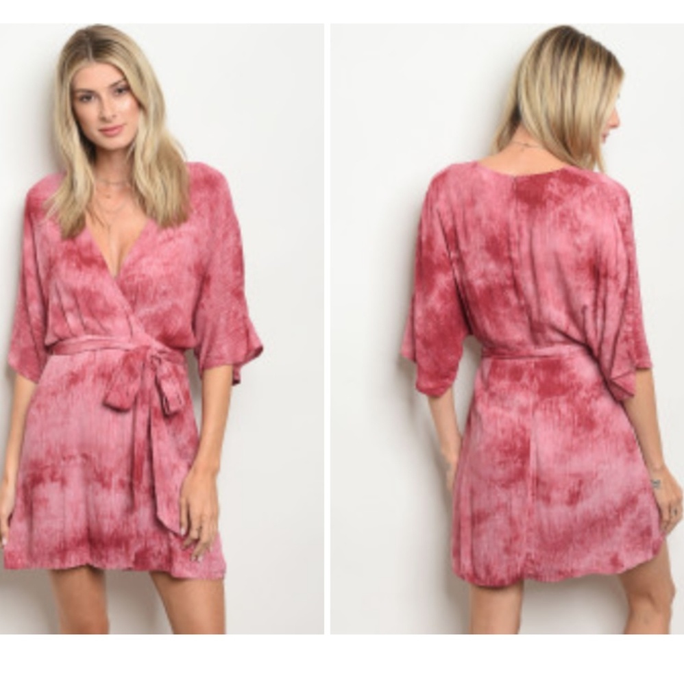 MYETTE Faux Wrap Tie Dye Mini Dress Rose Reds & Pink NWT LAST 1 Left SIZE SMALL - Picture 9 of 9